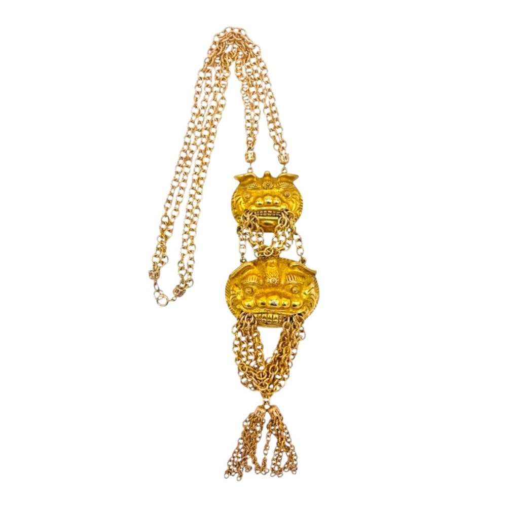 Vintage Unsigned Judith Leiber Foo Dog Guardian of the Temple Tassel Necklace